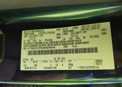 2016 Ford F-150 Xlt from USA, damaged, VIN 1FTEW1CP5GFB75919